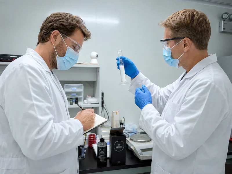 Escena creada con IA: dos científicos revisan una muestra de recubrimiento y toman notas en el laboratorio.
