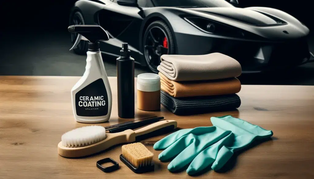 dalle 2024 04 23 23 25 23 an image showing prepared tools and products for ceramic coating application the scene includes a clean workbench or table with a variety of items ne