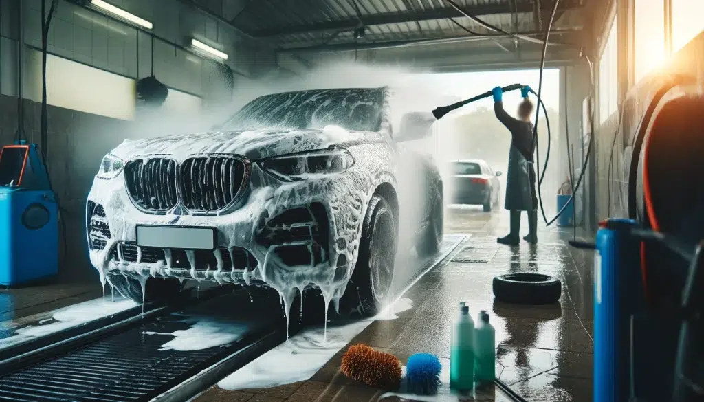 dalle 2024 04 23 23 27 42 an image showing a vehicle undergoing a thorough washing process the scene includes a car in a car wash bay with a high pressure water hose being use