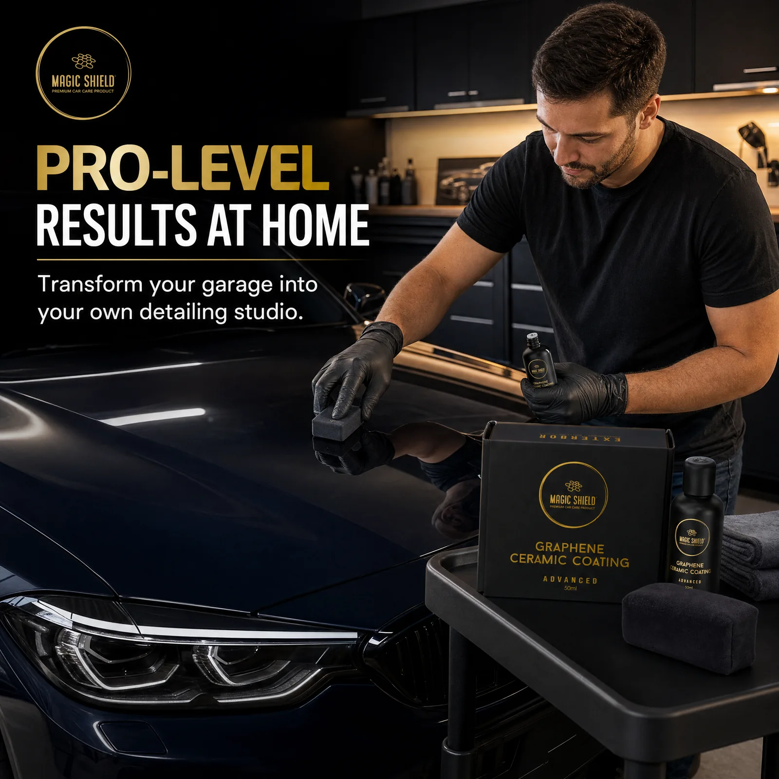 Applying Magic Shield Graphene Ceramic Coating in a home garage