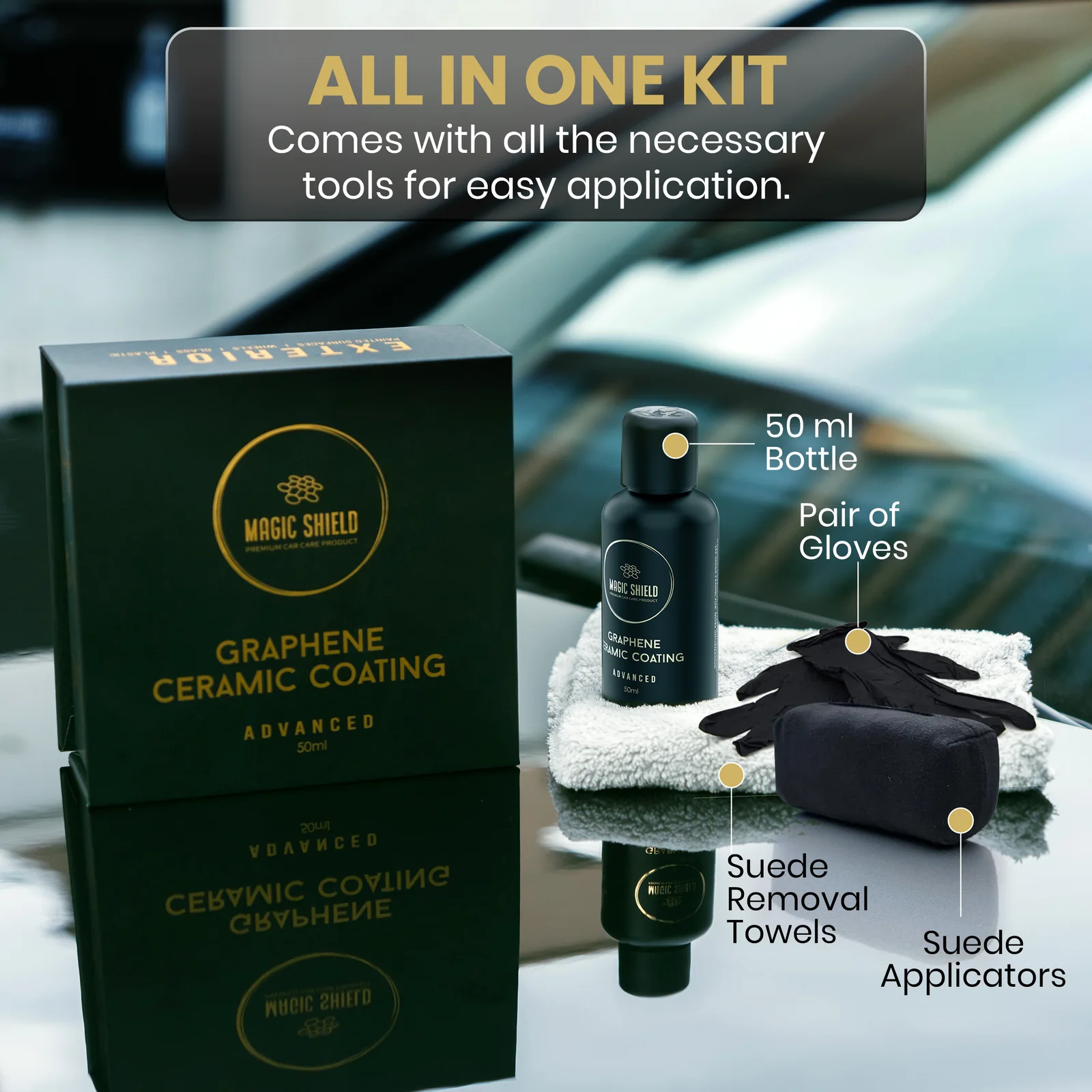 Complete coating kit contents with bottle applicator towel and gloves