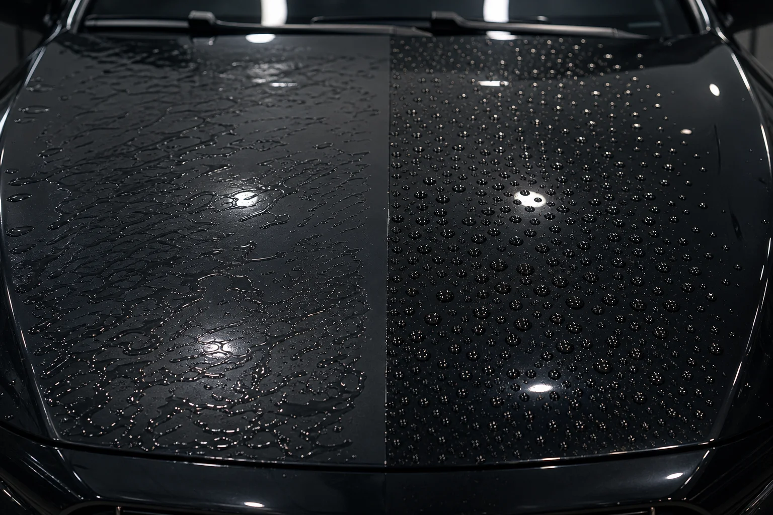 Before and after hydrophobic water beading result on black car hood