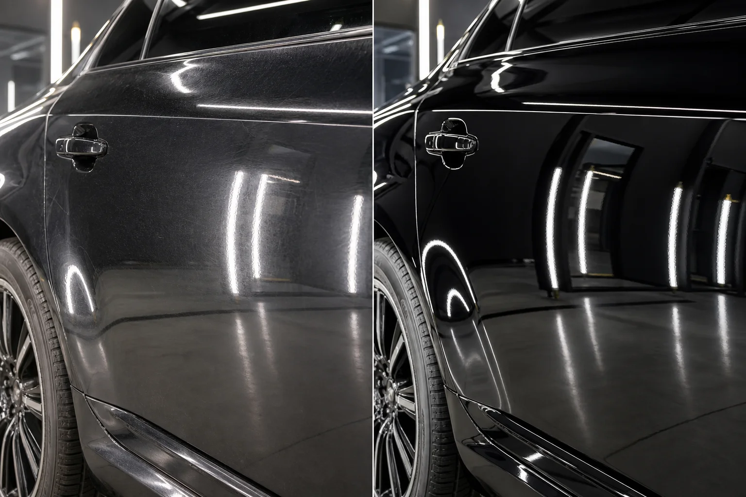 Before and after black car paint gloss restoration result