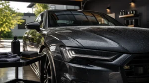 Glossy black car with water beading demonstrating long-lasting ceramic coating protection