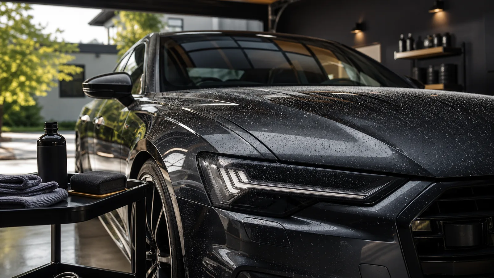 Glossy black car with water beading demonstrating long-lasting ceramic coating protection